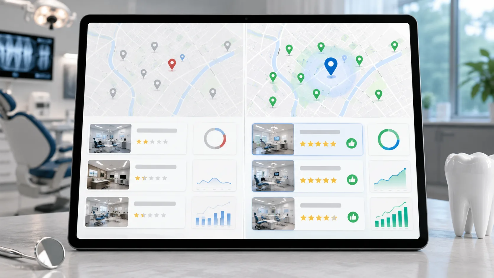 Comparison of local map pack rankings for a dentist before and after SEO audit implementation