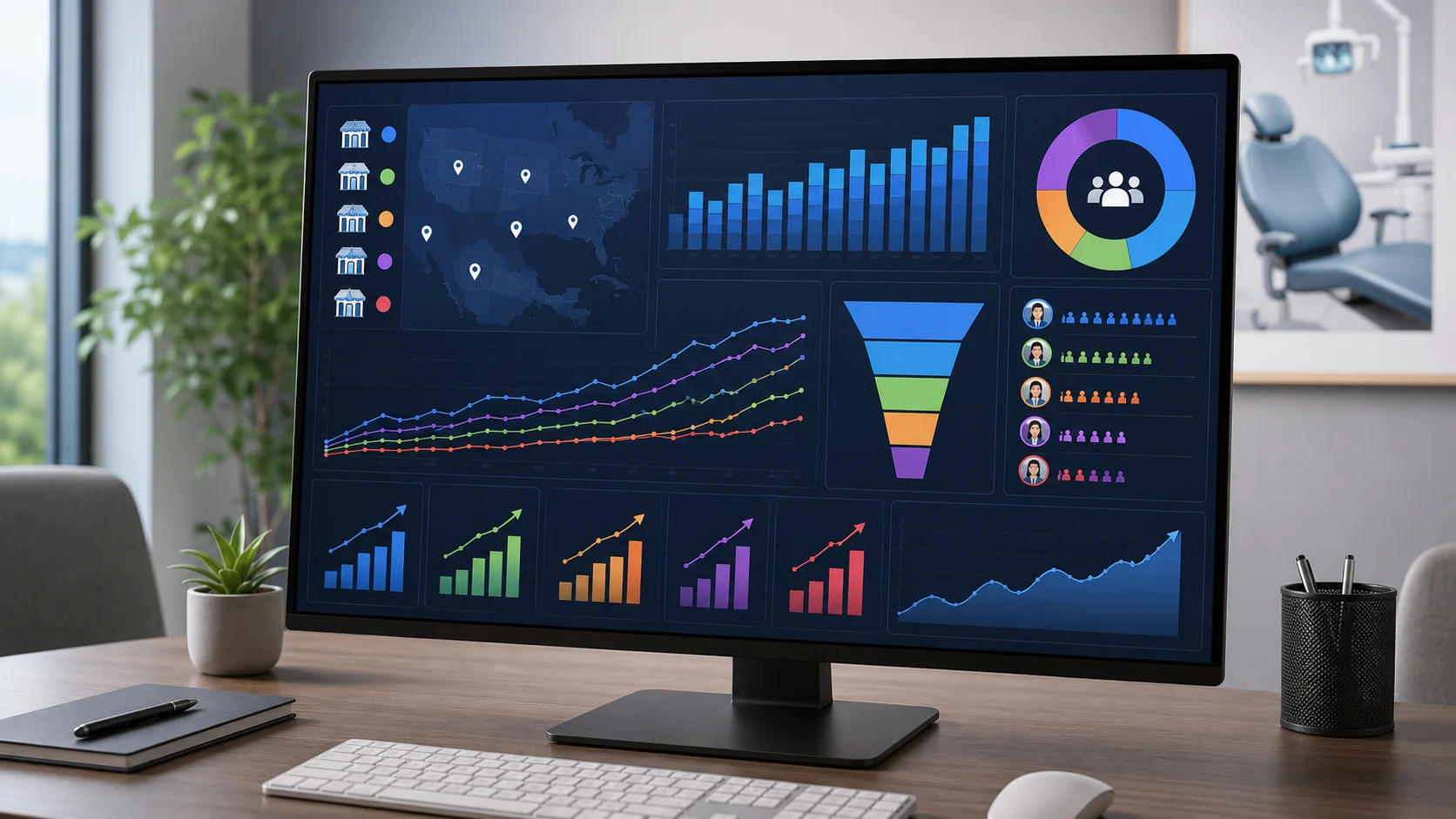 Dental DSO marketing dashboard showing aggregate rankings and patient leads