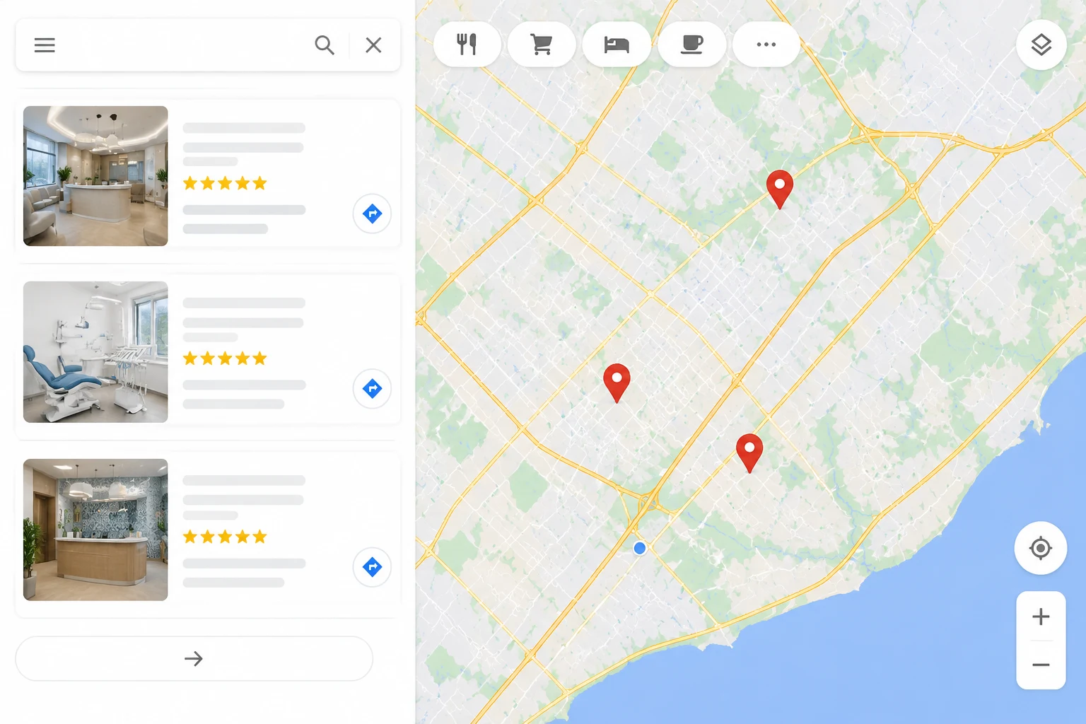 Google Map Pack results for Mississauga dental clinics showing top 3 rankings