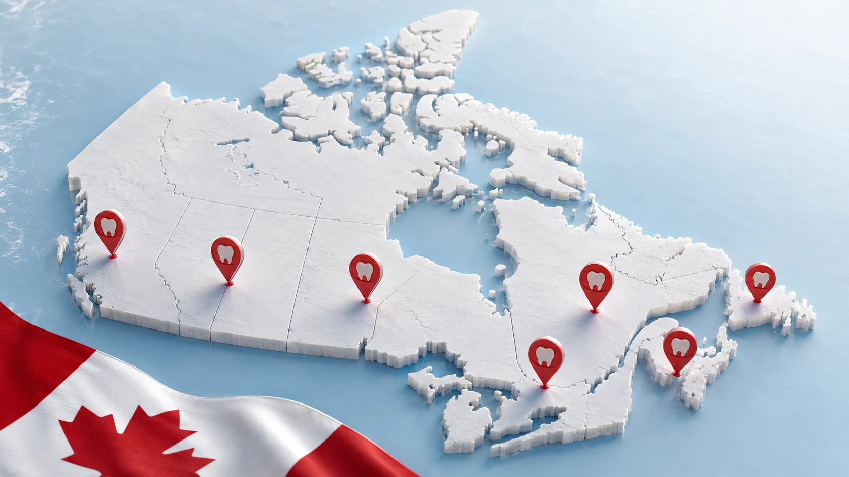 Map pins showing a dental group's multiple locations across Canada