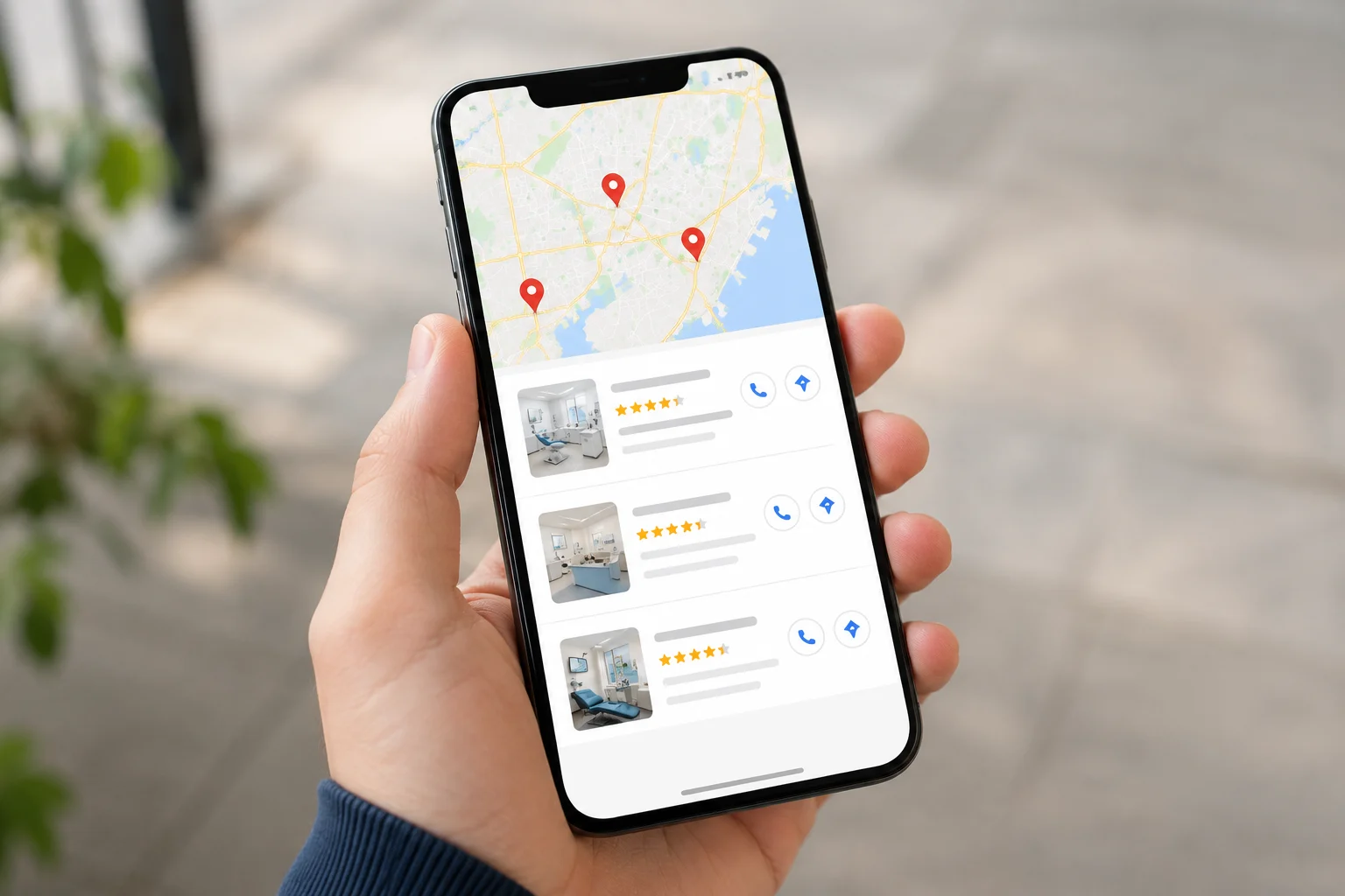 Mobile search results for emergency dentist in the Google Map Pack