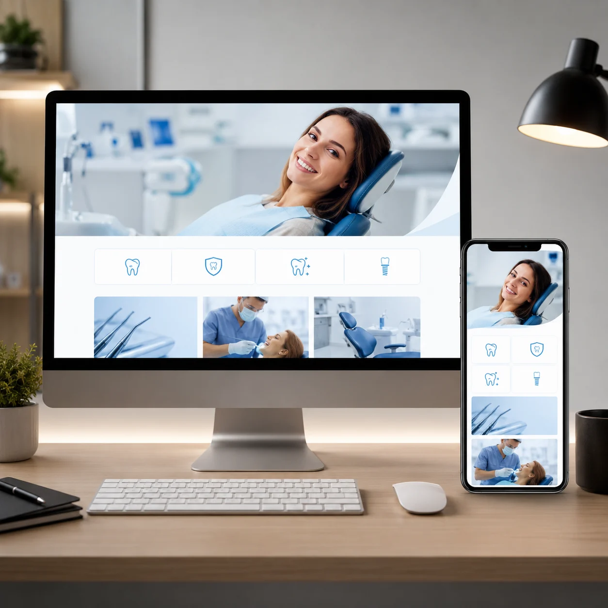 Responsive dental website design shown on mobile and desktop